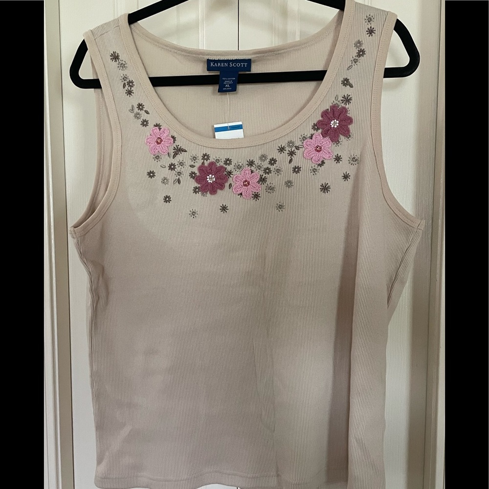NWT Karen Scott Embroidered Embellished Tank Top XL